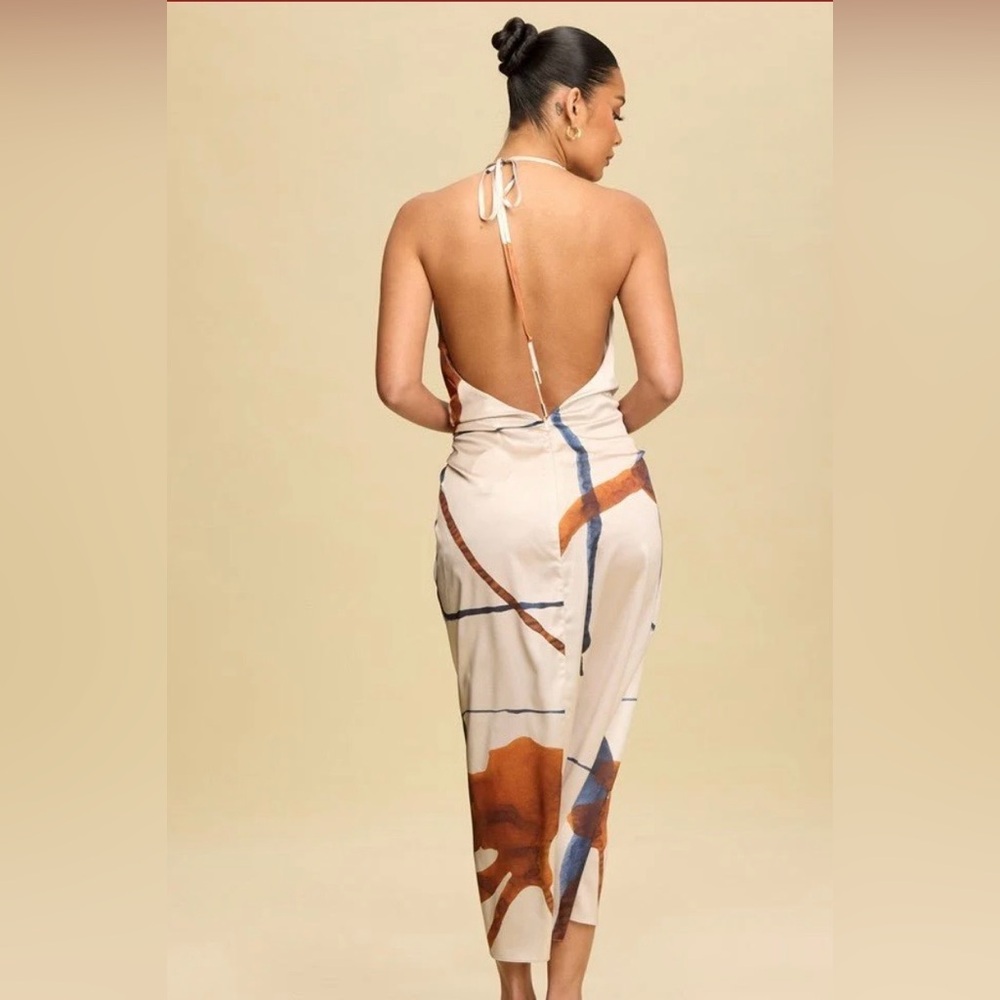 Elegant Halter Neck Dress in White with Blue and Orange Accents - Picture 4 of 5